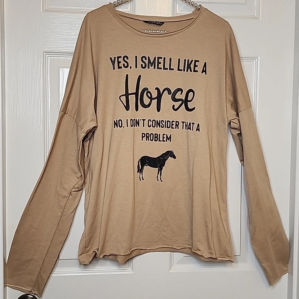 Lilicloth Womens Light Longsleeve Tan Black Graphic Sweatshirt Pullover Top - Picture 1 of 6